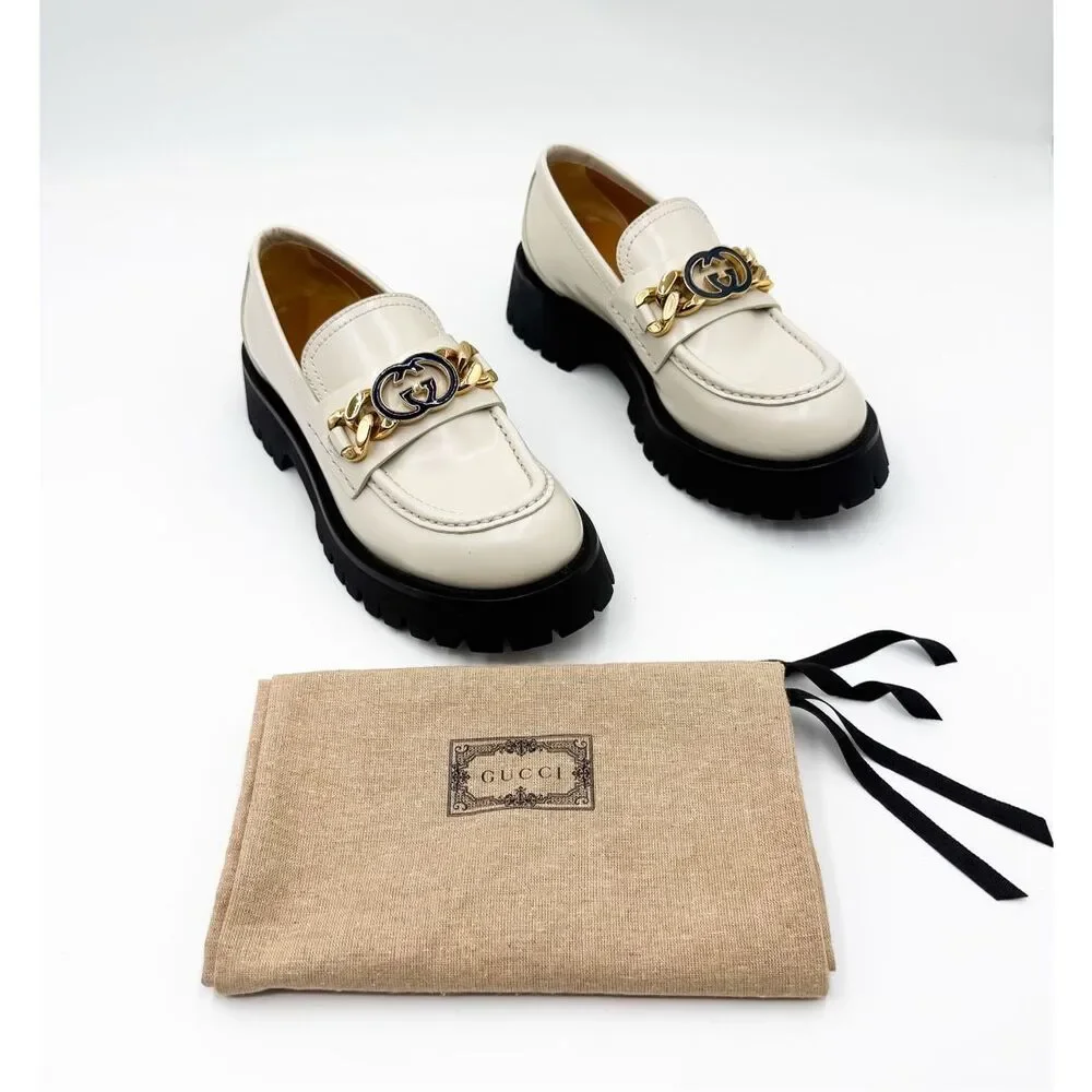Gucci Jeanne GG Chain Lug Sole White Leather Platform Loafers EU 38 US 8
